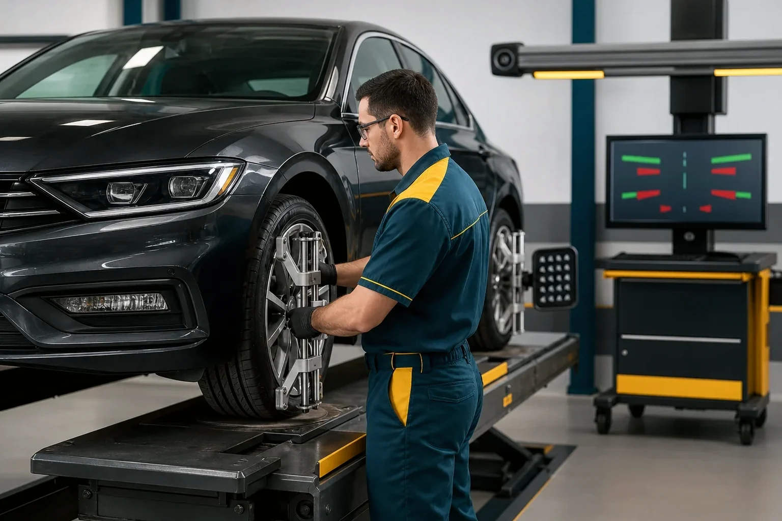 Técnico alinhando as rodas de um carro em Foz do Iguaçu.