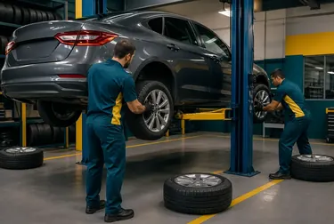 Técnico fazendo rodízio de pneus em um carro em Foz do Iguaçu.